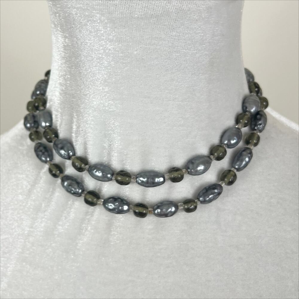 Vintage Green and Iridescent Blue Beaded Double Strand Choker Necklace